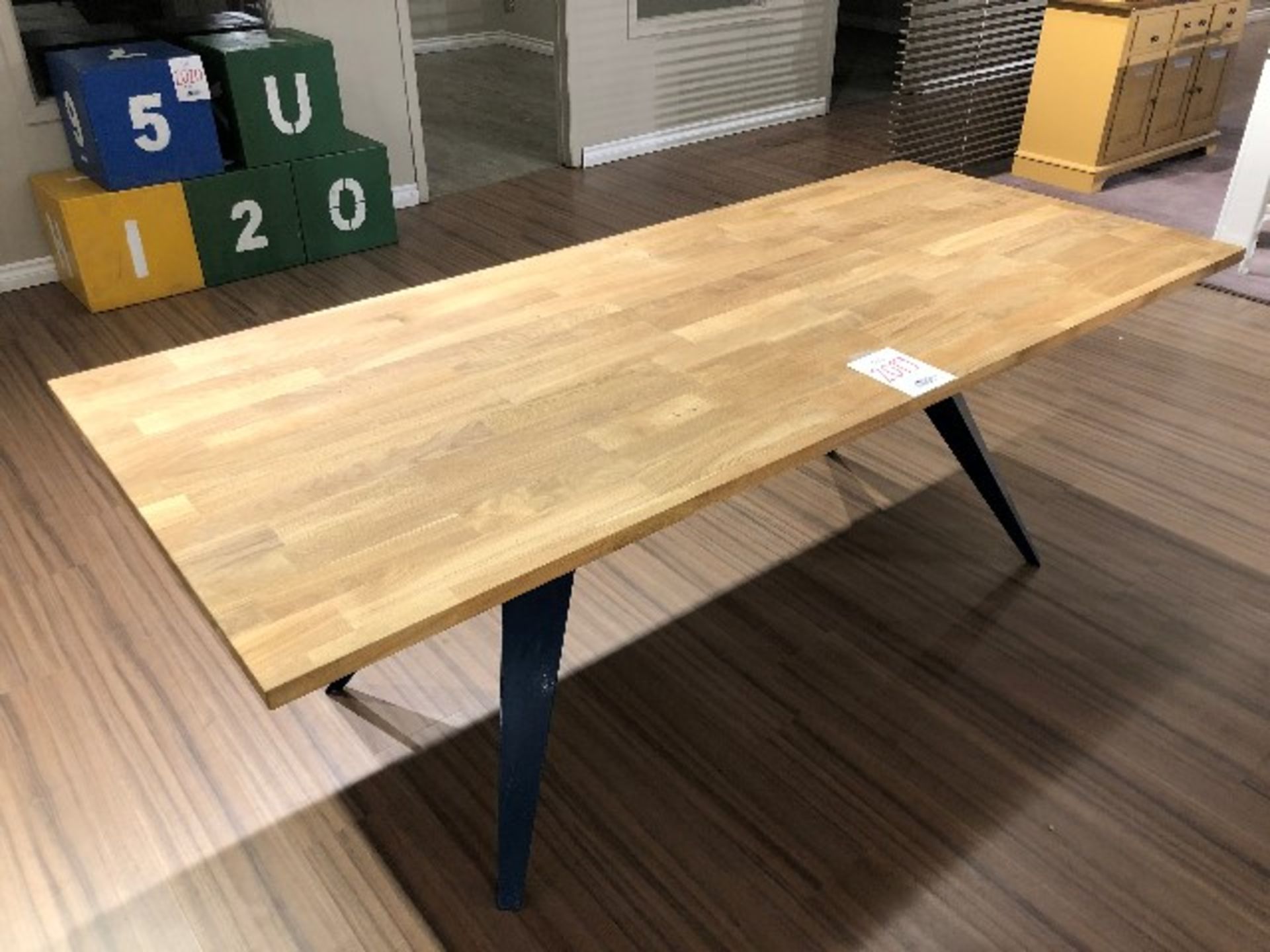 Butcher block style table w/metal base, 82”x35”x29”