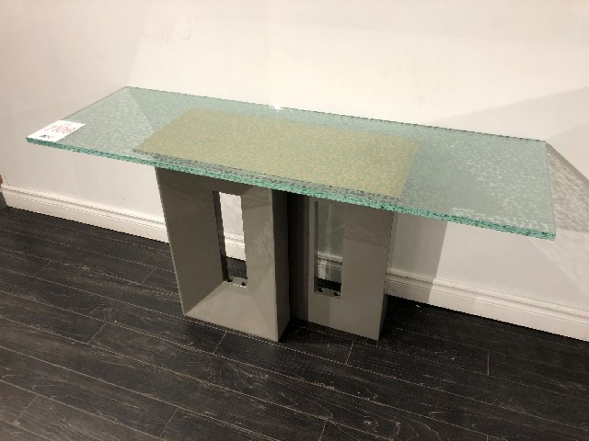 Decorative table w/glass top, 59”x20”x29”, showroom demo