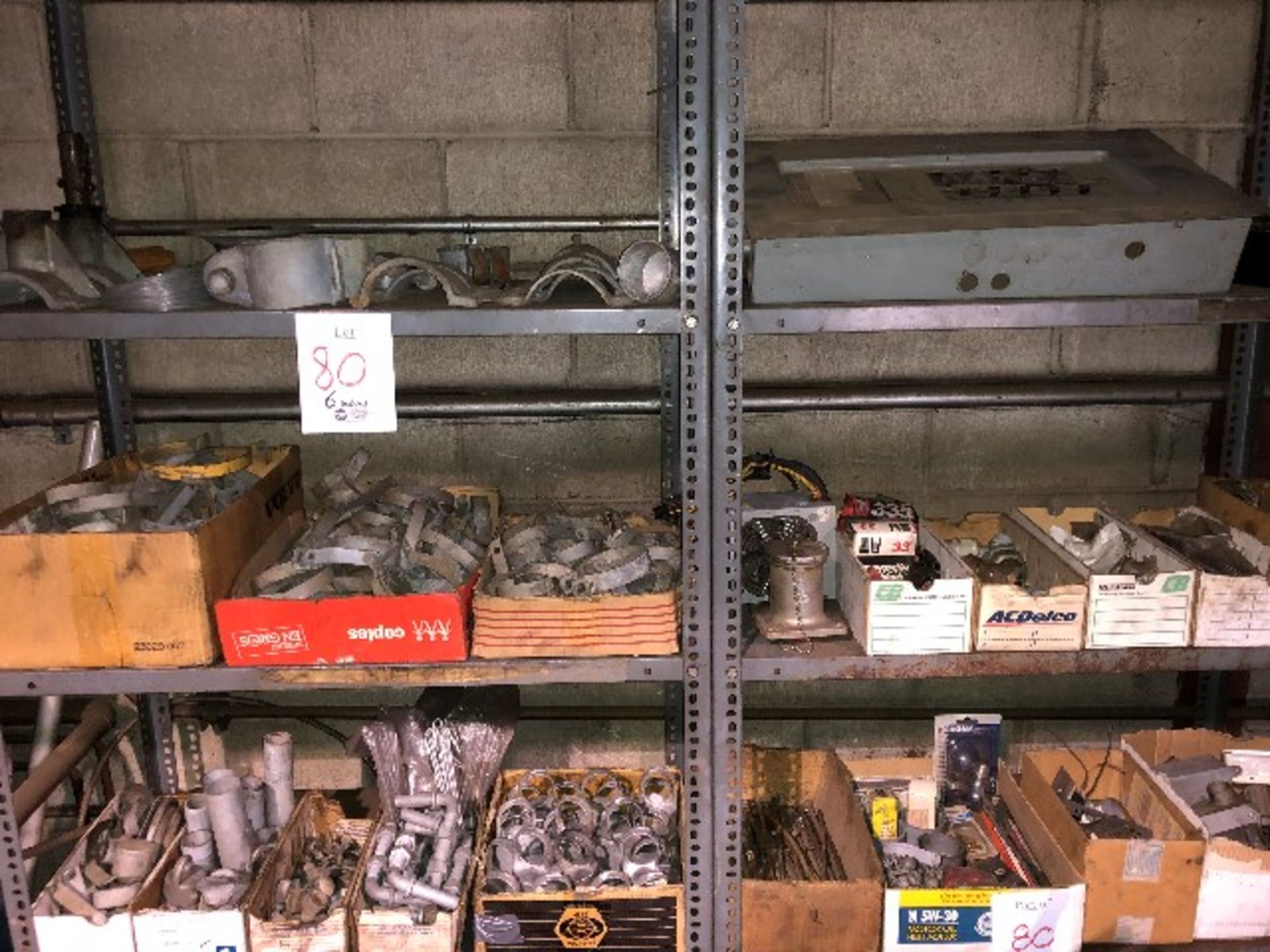 Assorted fence parts, electrical parts, hardware, etc..., 6 shelves (Lot)