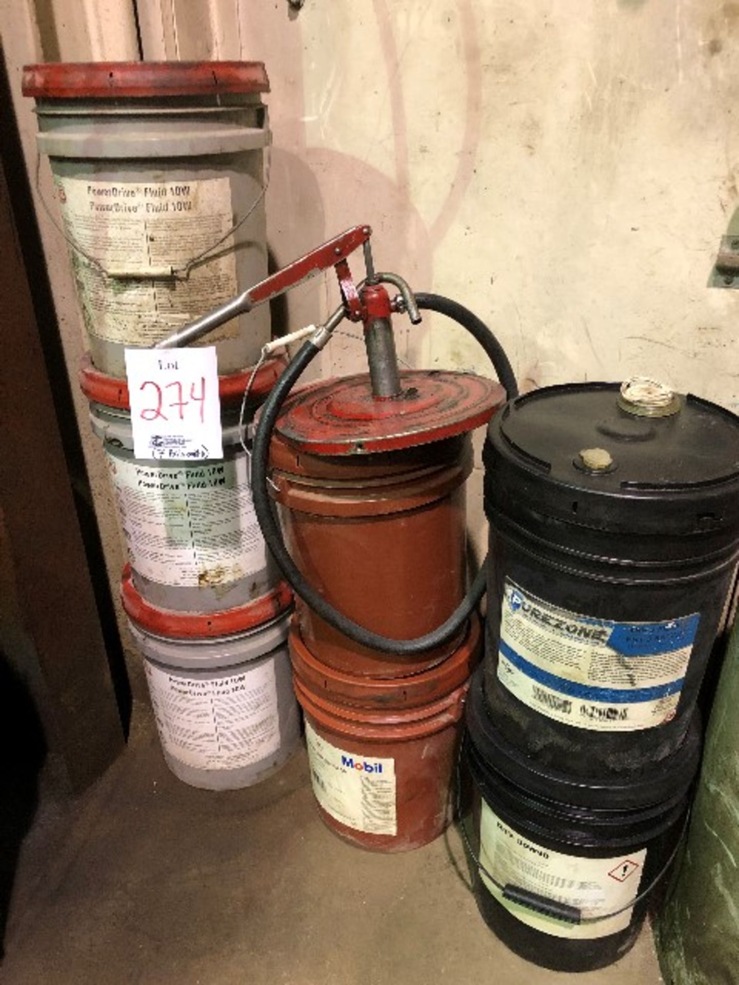 Assorted oils, etc... w/manual pump, 6 pails