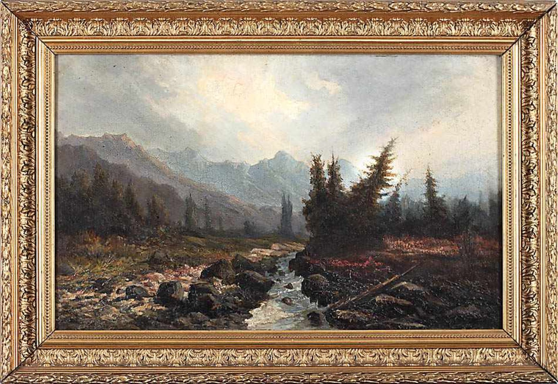 Anonymer Maler19. Jh..Gebirgslandschaft bei aufziehendem Wetter.Öl/Lwd., 38 x 61 cm. Stuckr..€ 220