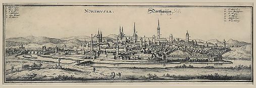 Kupferstich17. Jh.(?).Northausen.Panorama-Stadtansicht von Nordhausen in Thüringen aus Merians