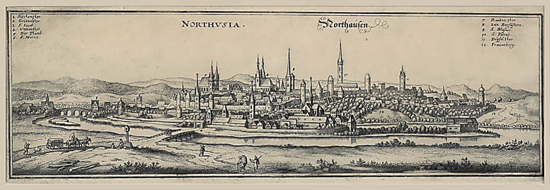 Kupferstich17. Jh.(?).Northausen.Panorama-Stadtansicht von Nordhausen in Thüringen aus Merians