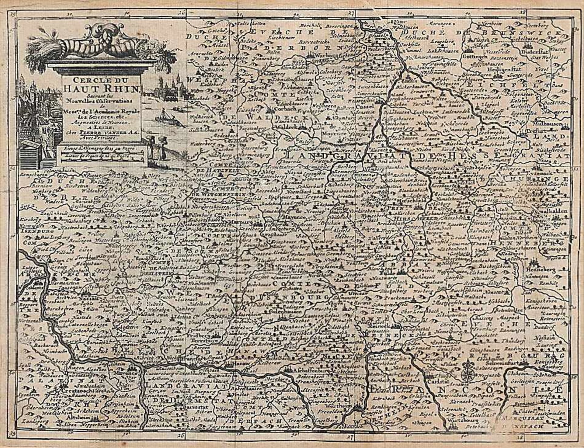 Kupferstich18. Jh.. Cercle du haut Rhin.Karte der Landgrafschaft Hessen-Kassel um 1730. Li. o.