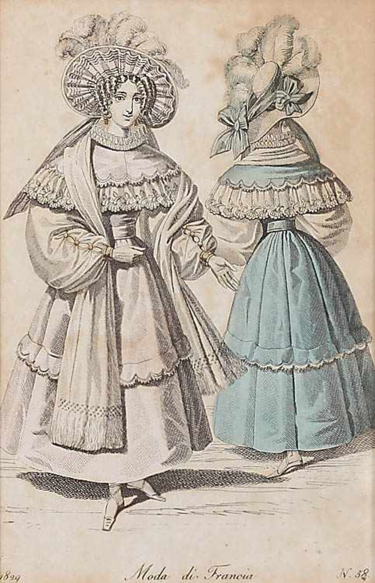 Vier col. Modestiche19. Jh..Anschauliche Darstellungen italienischer und französischer Damenmode. - Bild 2 aus 4