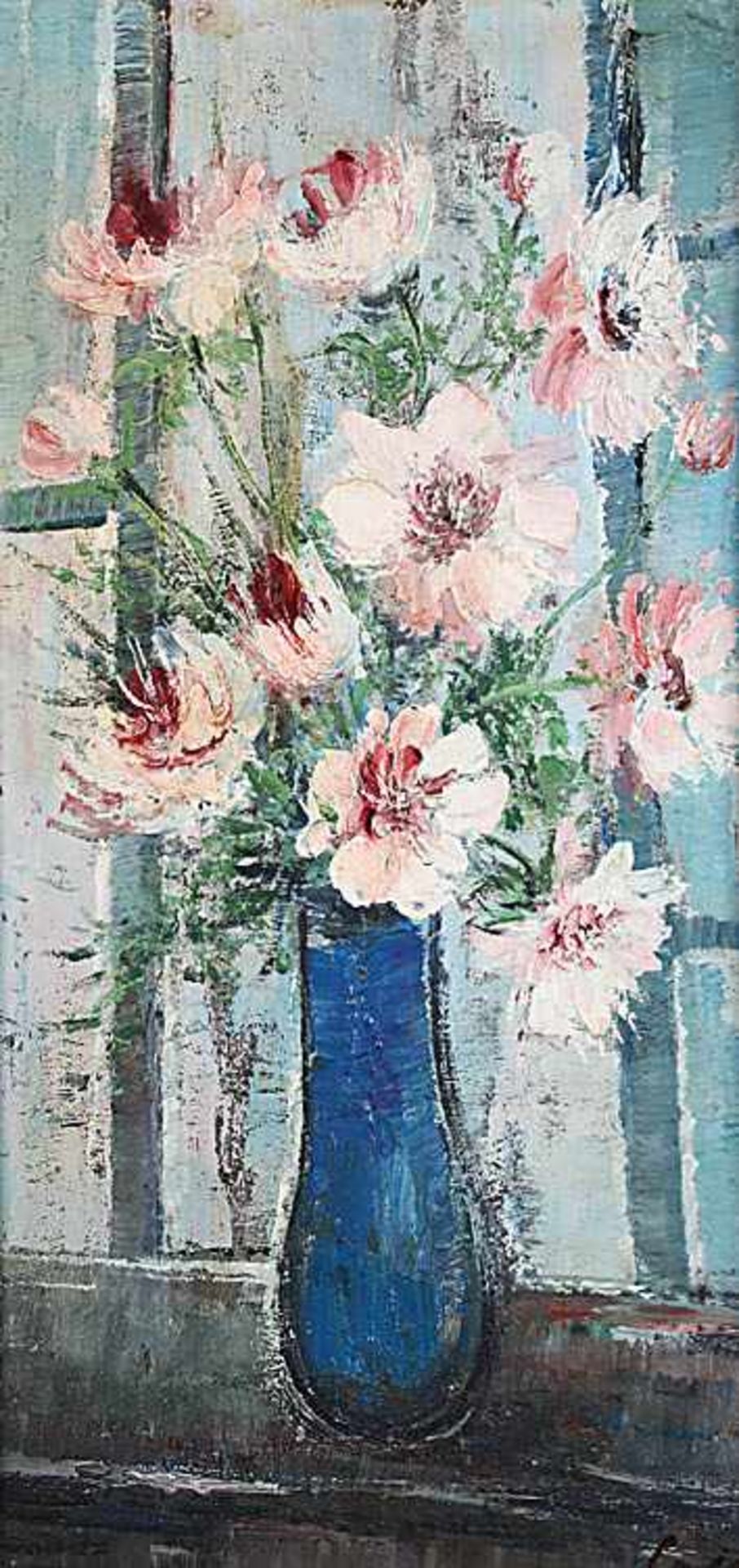 Maler20. Jh..Blumen in blauer Vase.Re. u. unles. sign.. Öl/Hartfaserpl., 80 x 40,5 cm. R..€ 40
