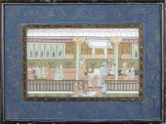 MiniaturmalereiHöfische Figurenszene.Indien(?). Gouache/Textil, 26 x 40,5 cm. Vergl. R..€ 60
