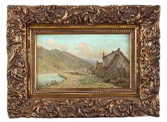 Mommaers, Constant Joannes1835-1910; belg. Maler.Romantische Flusslandschaft mit alten Häusern.Re.