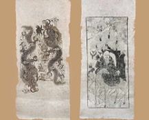 Zwei HolzschnitteChina. Darstellung zweier Drachen und Gott der Langlebigkeit auf einem Hirsch