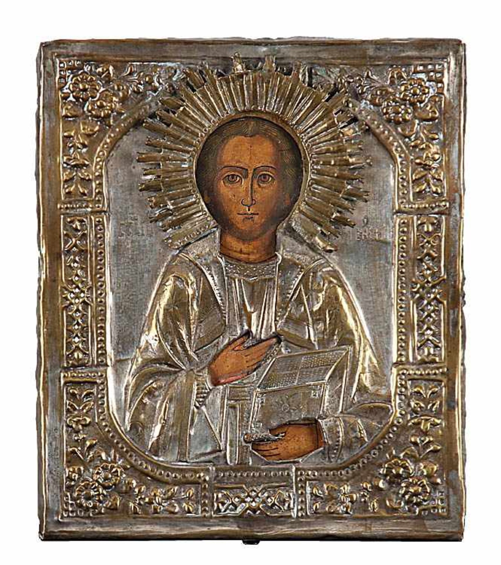 IkoneRussland, 19. Jh.(?).Christusdarstellung.Tempera/Holz, 31 x 26,5 cm. Oklad aus geprägtem