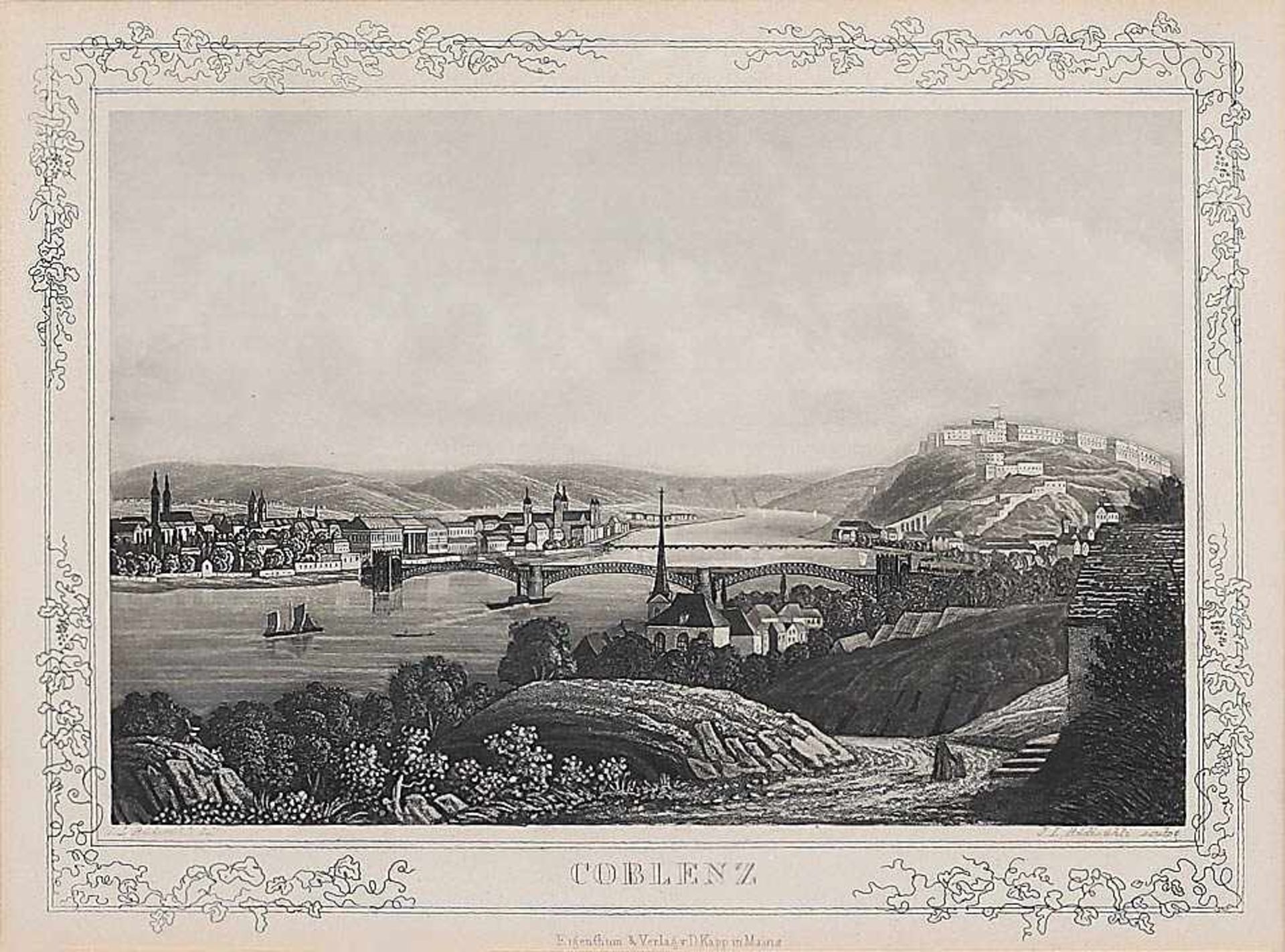 KonvolutSechs Stahlstiche, eine Federlithografie, 19. Jh.. Verschiedene Ansichten von Koblenz.