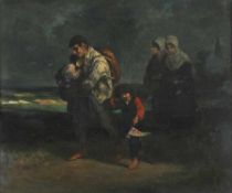 Anonymer Maler19./20. Jh..Flüchtlingsfamilie beim Strand.Öl/Lwd., 38,5 x 46,5 cm. R..€ 200