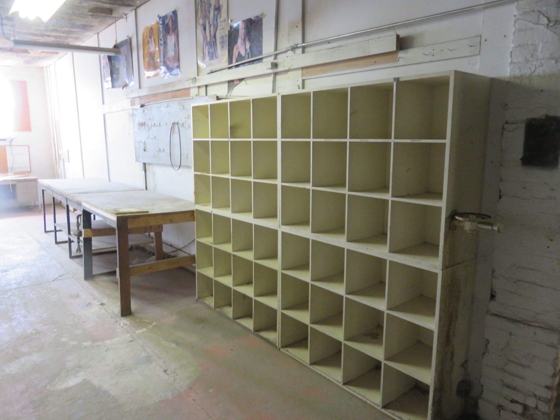 Lot of Cubed Storage Shelving approx 96"x 14" x 72" & Custom Work Table approx 172"x 36"x 35" - Image 2 of 3