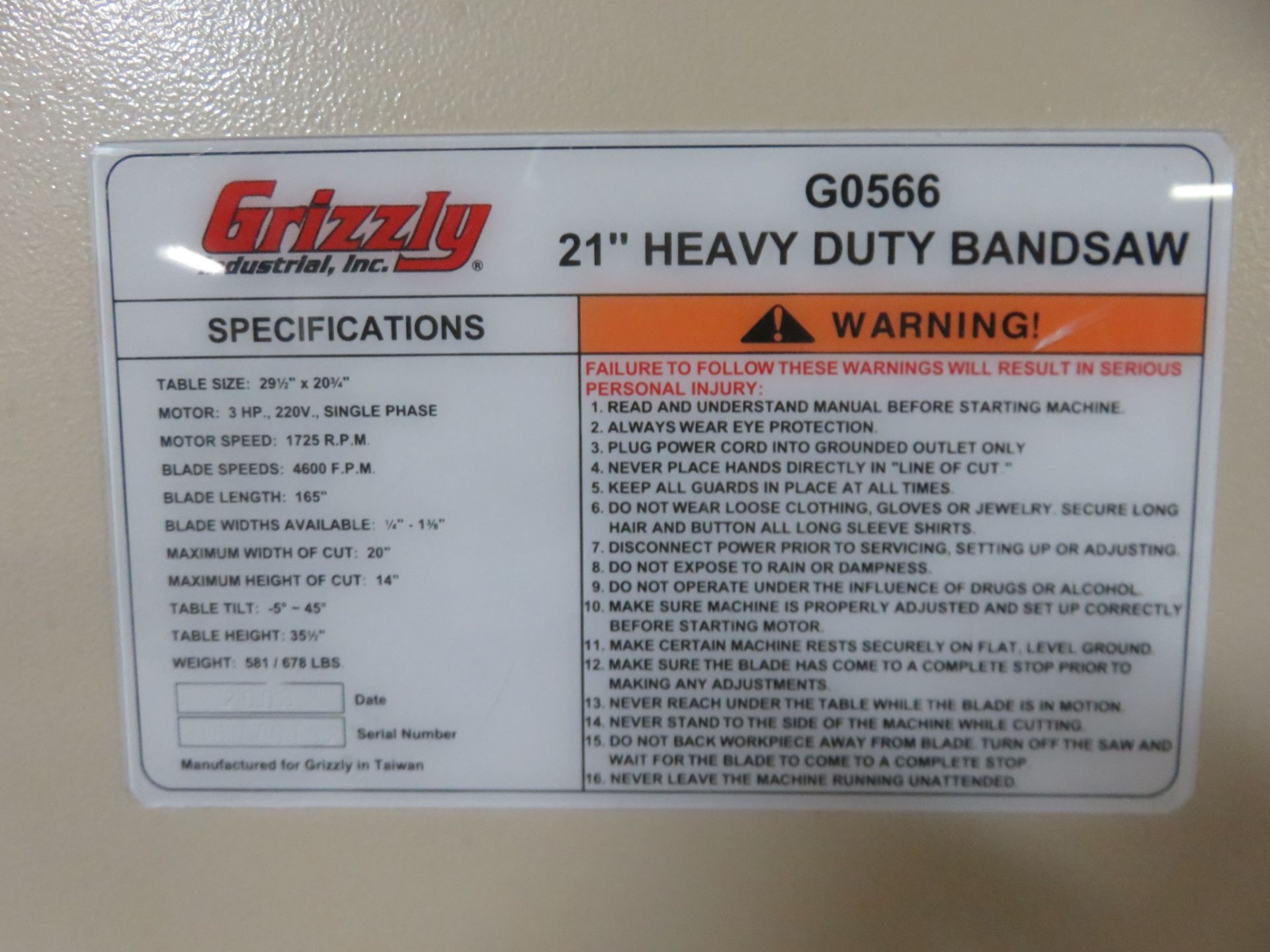 Grizzly G0566 Heavy Duty Band Saw 21" - Image 4 of 5