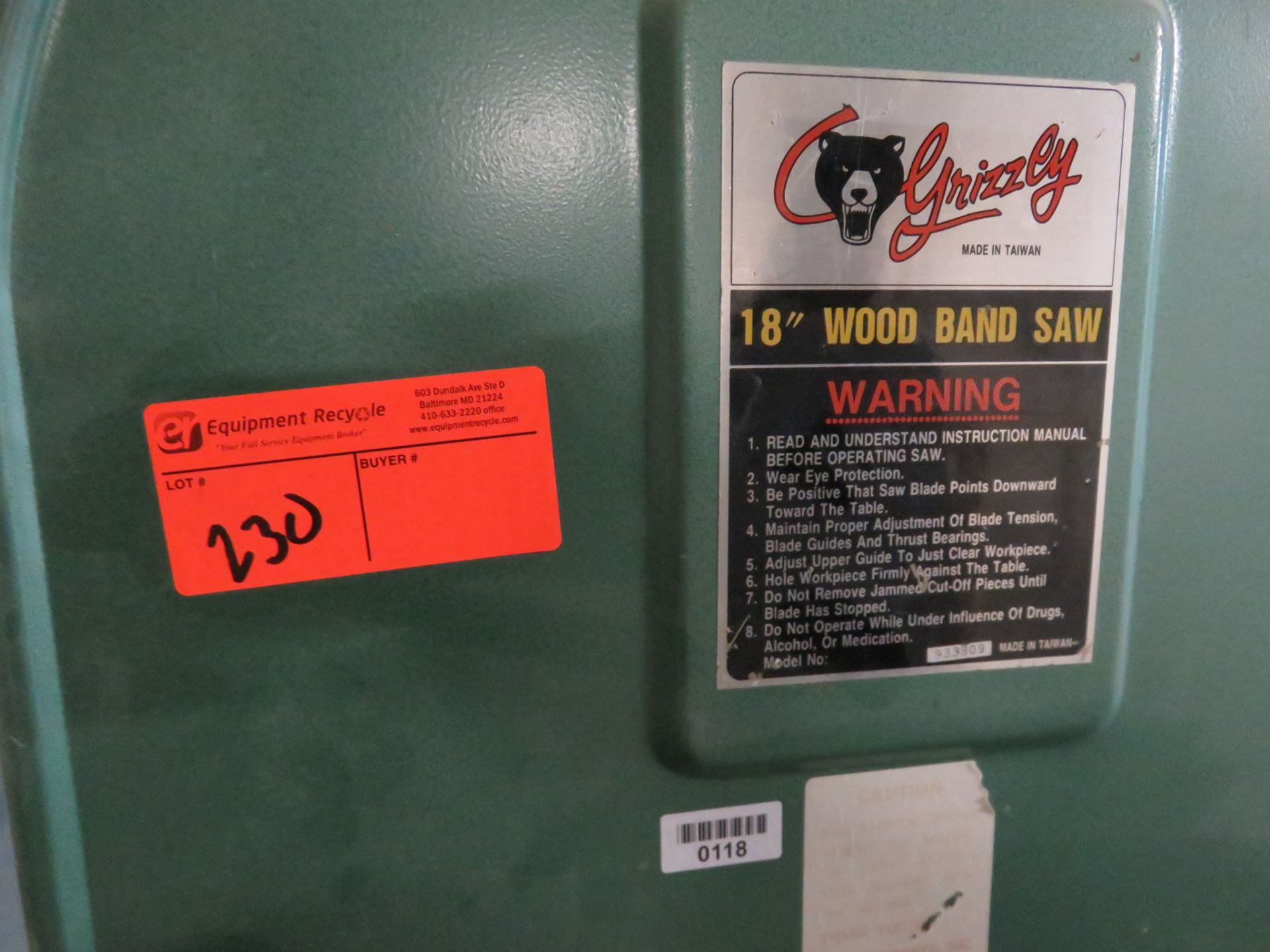 Grizzly 18" Wood Band Saw - Image 4 of 4