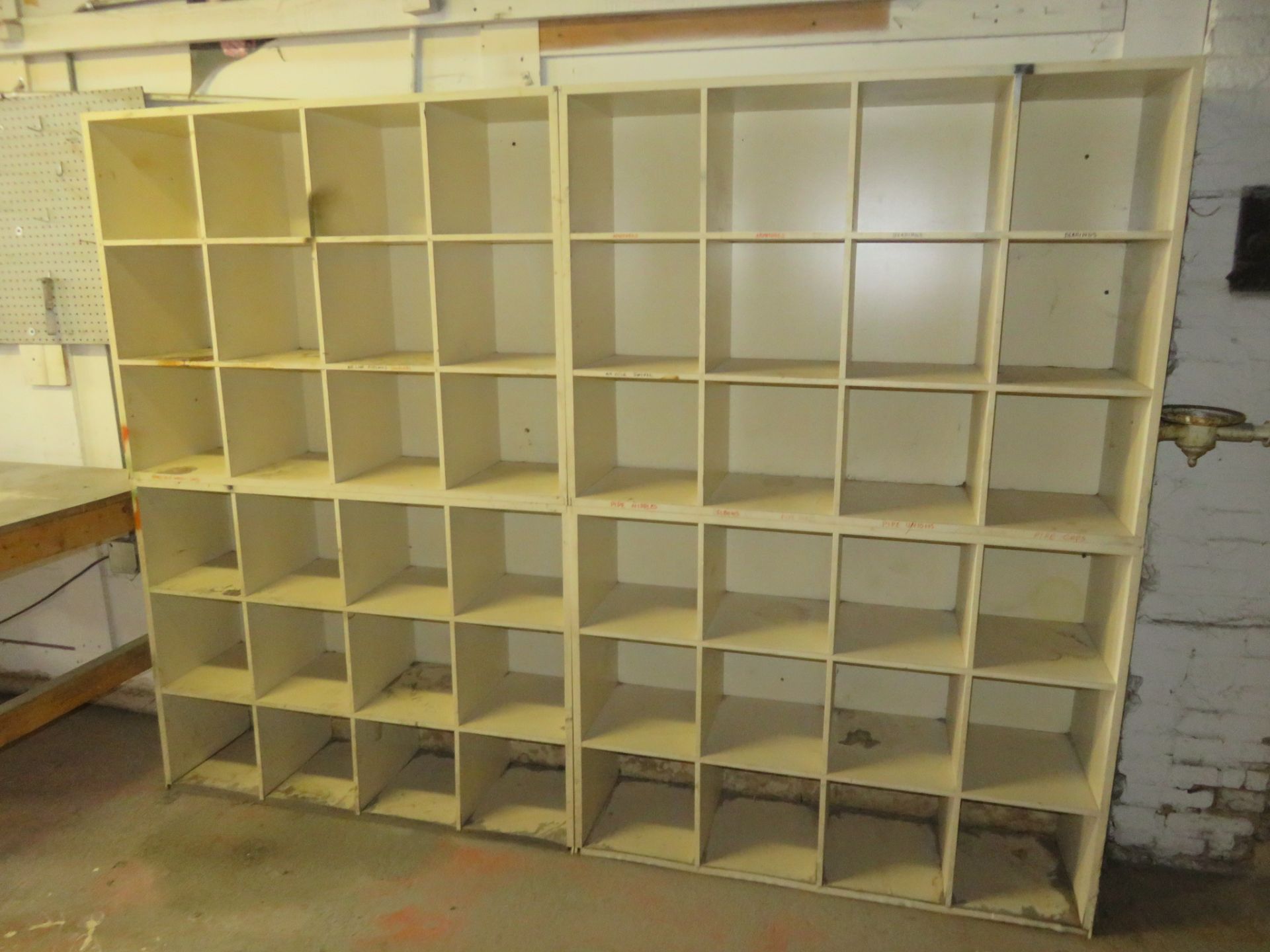 Lot of Cubed Storage Shelving approx 96"x 14" x 72" & Custom Work Table approx 172"x 36"x 35"