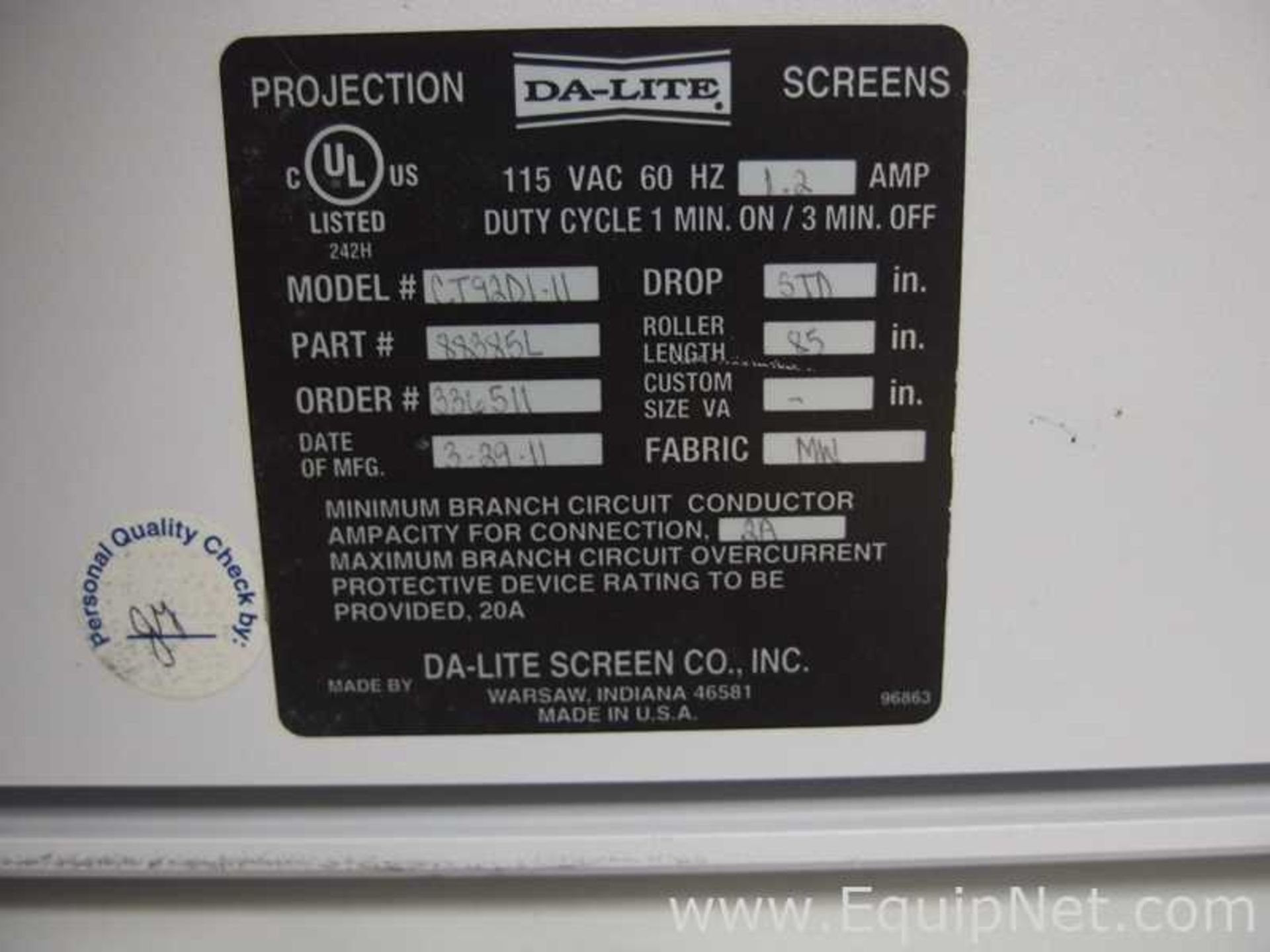 Da-Lite CT92D1-11 Projector Screen - Image 3 of 3