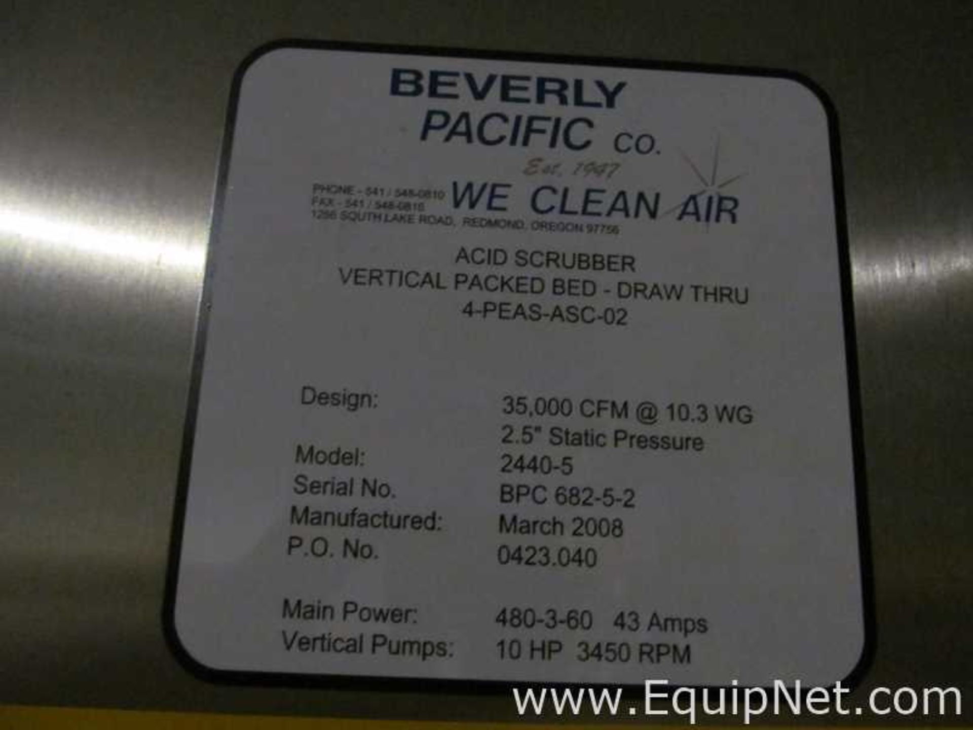 Unused Beverly Pacific Acid Scrubber with Unused Edwards Fiberglass Vessel - Image 6 of 25