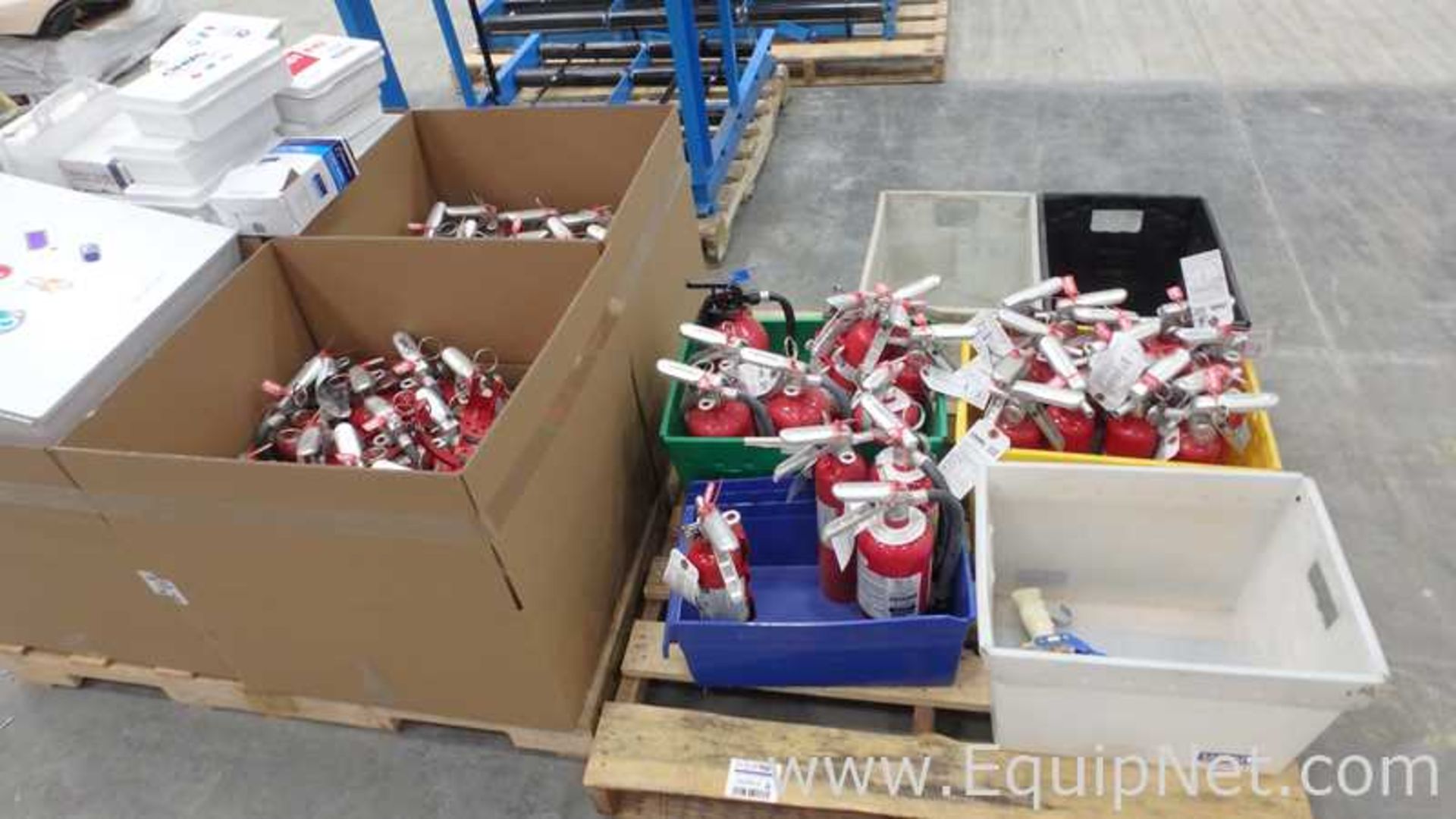 Lot of 2 Pallets With First Aid Center Boxes and Fire Extinguishers