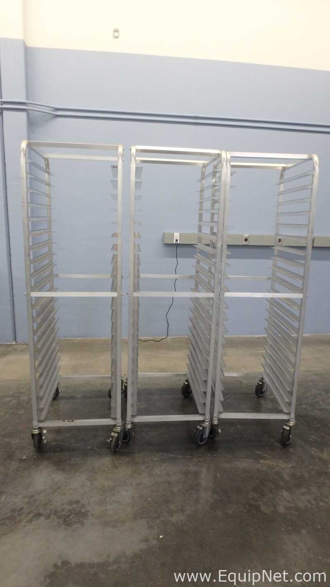 Lot of 3 Atlanta Culinary Equipment Mobile Pan Rack Full Ht. Open Sides with 20 18inx26in Slide Pans