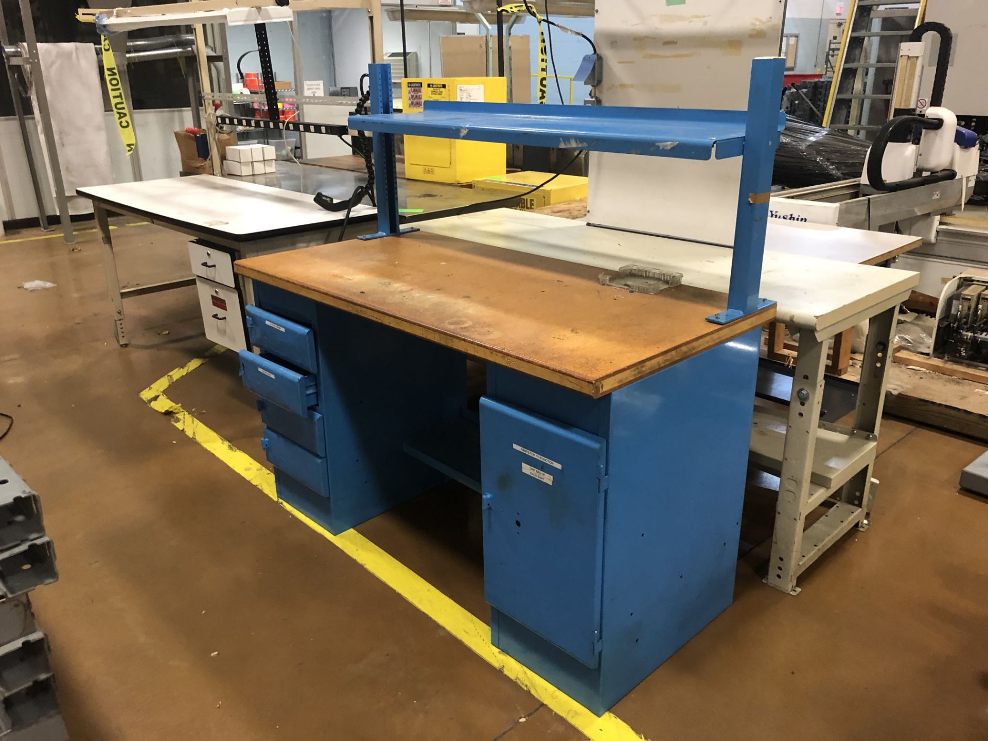 Blue Metal work desk with wooden top and top shelf