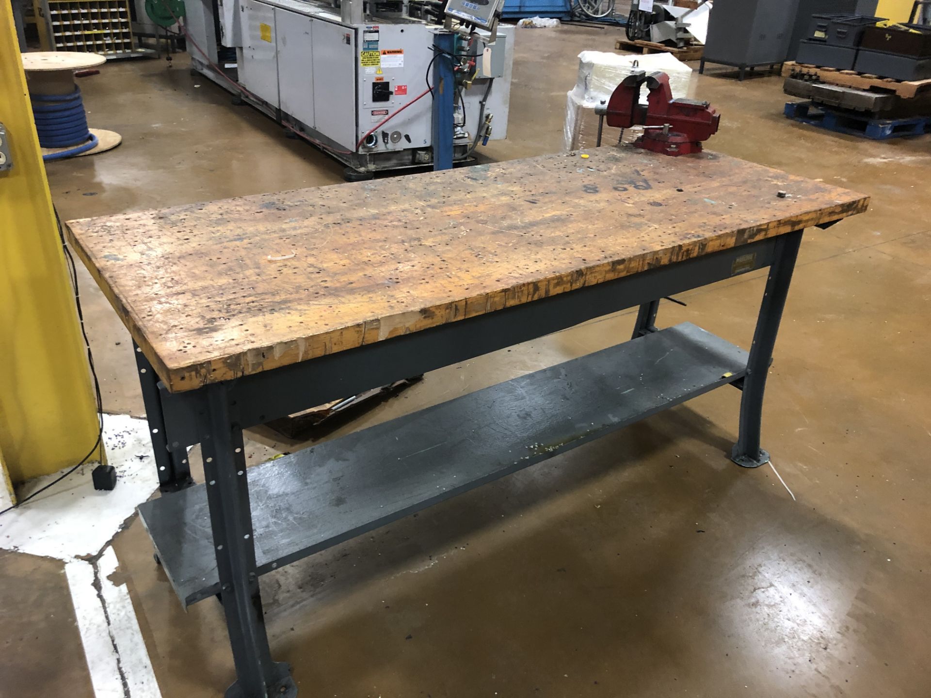 Metal Work Table with wooden top and Vice Attached - Image 2 of 3