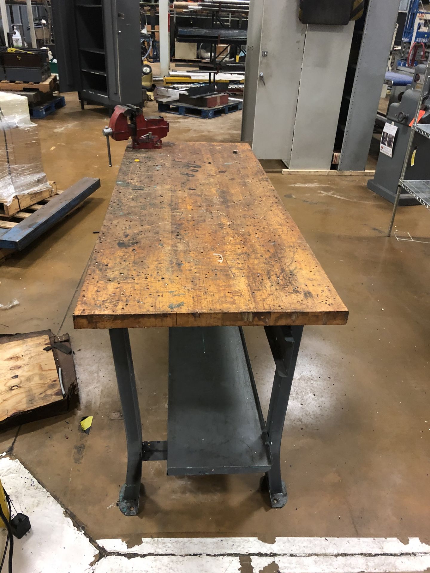 Metal Work Table with wooden top and Vice Attached