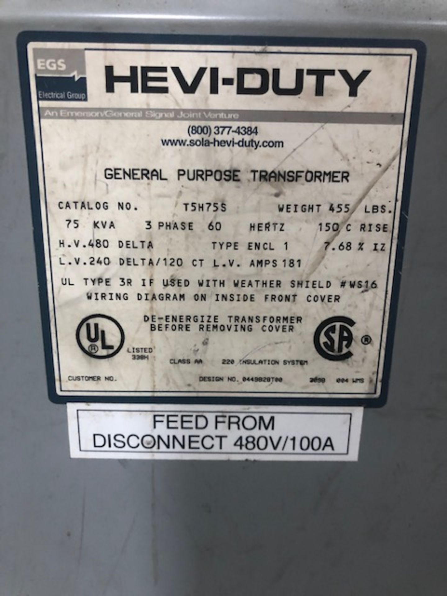 Hevi-Duty 75 KVA Transformer - Image 2 of 2