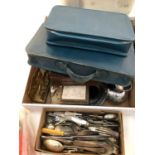 Quantity of EPNS, flatware, brass, shavings sets etc