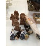 Quantity of wooden carved figures, ceramics and sunny jim figure