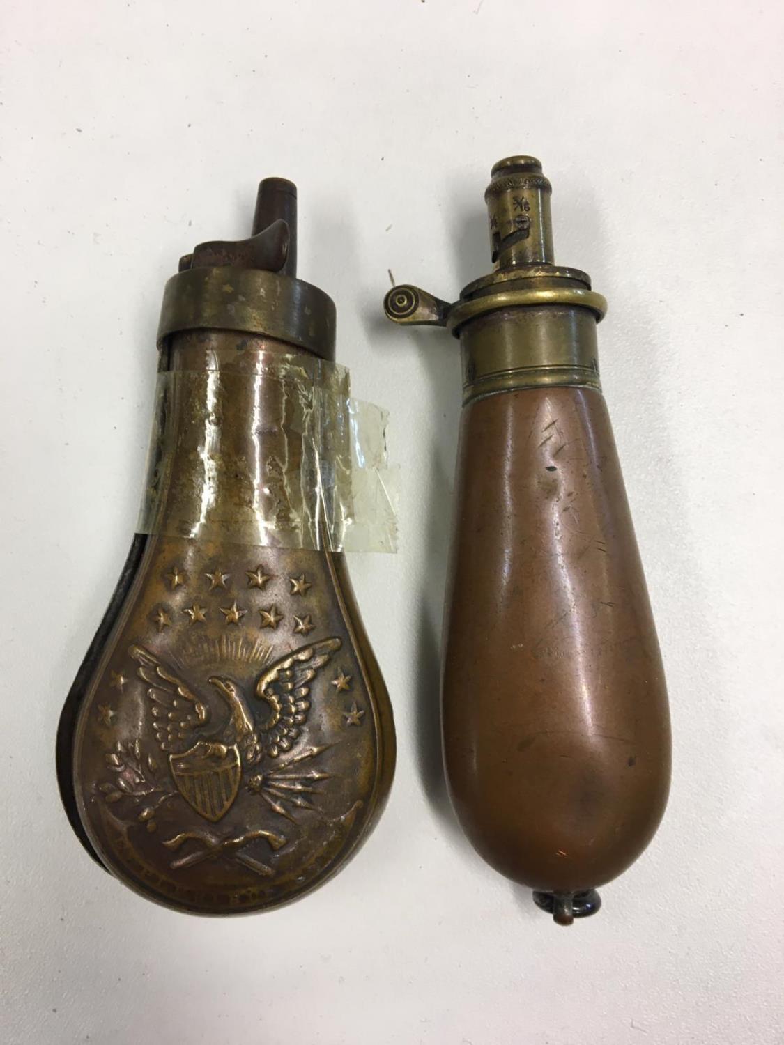 Pair of US Civil war pistol powder flasks to inc C & j w hawksley example and an impressed example.