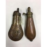 Pair of US Civil war pistol powder flasks to inc C & j w hawksley example and an impressed example.