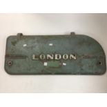 Vintage metal machinery cover marked "London". 74cm x 35cm