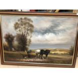 Framed oil on canvas of farmer and horses