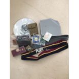 Box of Militaria, stable belts, plates etc