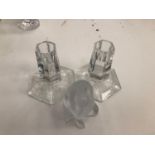Lalique kneeling man and Tiffany candlesticks