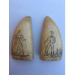 Pair of engraved scrimshaw and woman with house in foreground