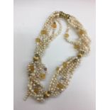 14k pearl and carved citrine bead necklace (one strand loose)