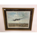 Large framed glazed Military blind stamped print, "Low Level Strike 1943" of Mosquito fighter