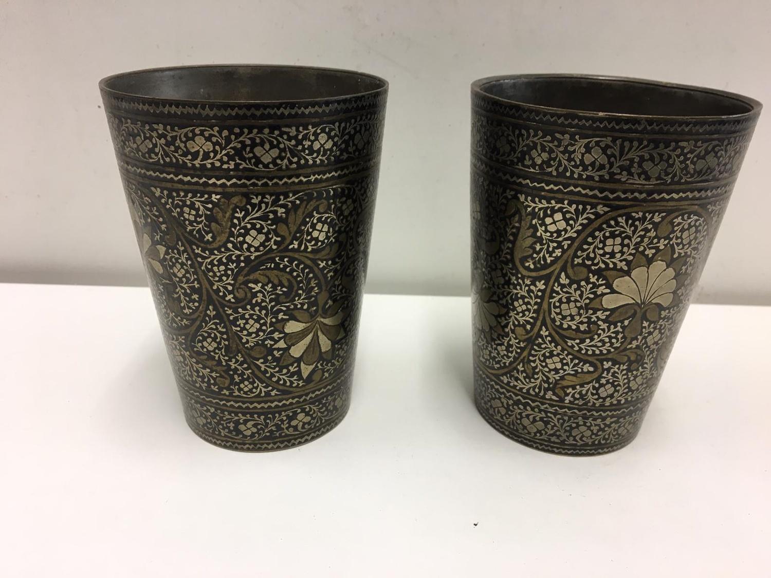 Pair 19th century Persian silvered and brass beakers