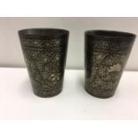 Pair 19th century Persian silvered and brass beakers