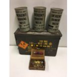 Three emergency drinking waters, US 7.62 ammo box, buttons and DSO bar, 39-45 bar