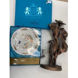 Boxed Coalport plate, Lladro cat and mouse and Resin figure of Deco woman and Afghan hound.