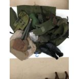 Box of military items to inc spades, boots, clothing, webbing etc.