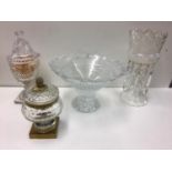 19th century glass items, lidded urn, bowl, lustre and Georgian brass set lidded bowl