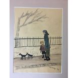 Framed signed watercolour of Woman and dogs, signed L S Lowry 1953.
