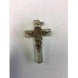WWII Lucite sweetheart brooch in the form of a crucifix with RAMC affixed collar dog.