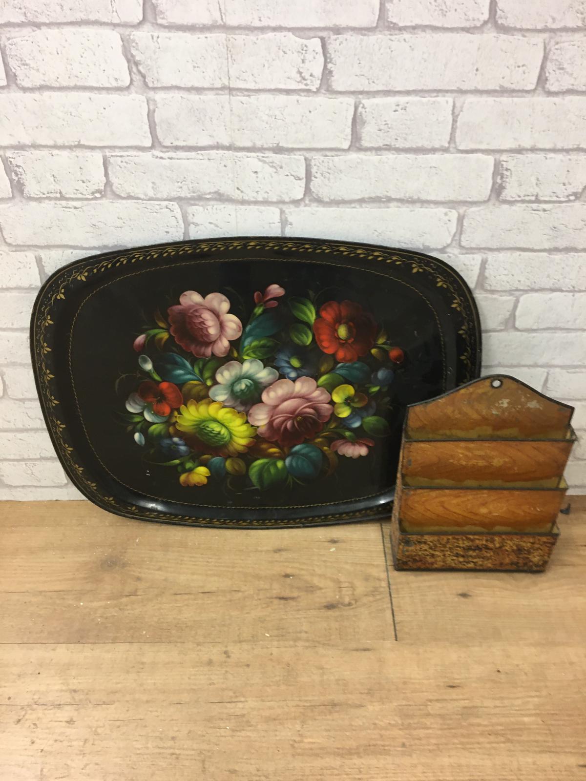 19th c Clements and Newling tollware letter rack and Russian painted floral platter.