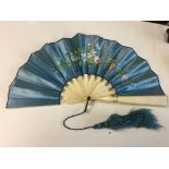 19th C Bone and painted silk fan.