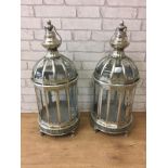 Pair of silver plated hanging lanterns.